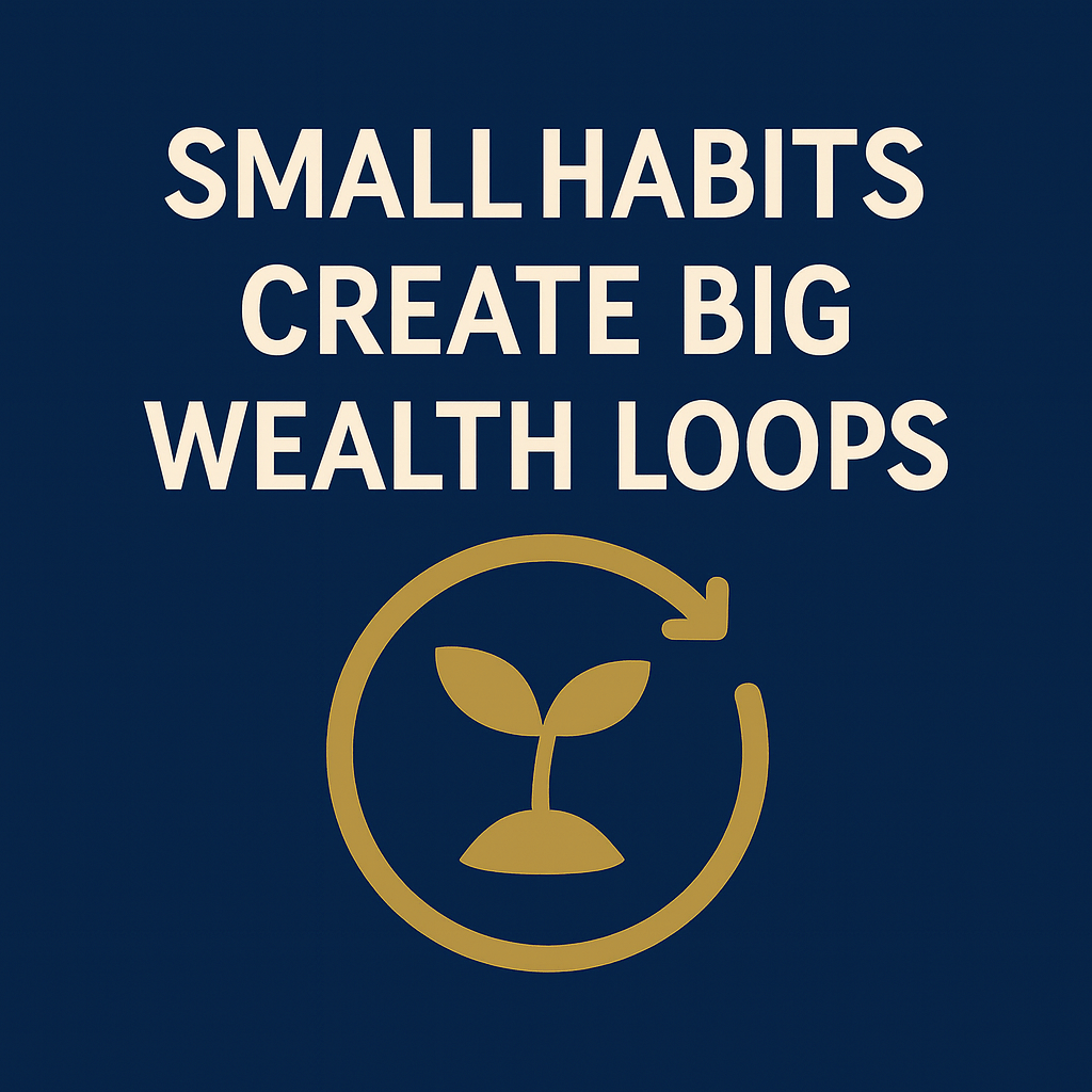 Motivational quote: “Small Habits Create Big Wealth Loops” with a growing plant icon representing wealth and positive financial routines.