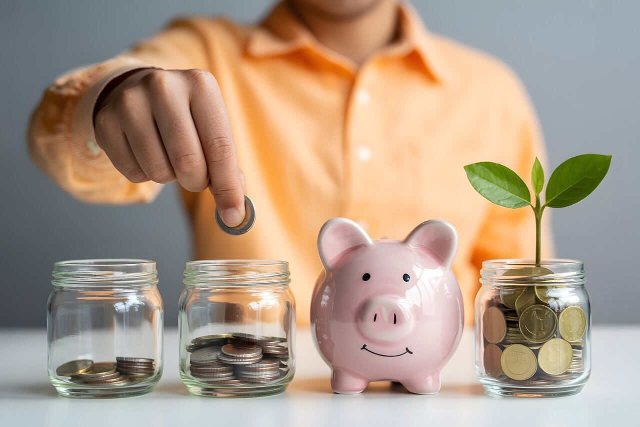 Investor adding money to savings jars and piggy bank, illustrating gradual increase in ETF allocation and disciplined investing strategy