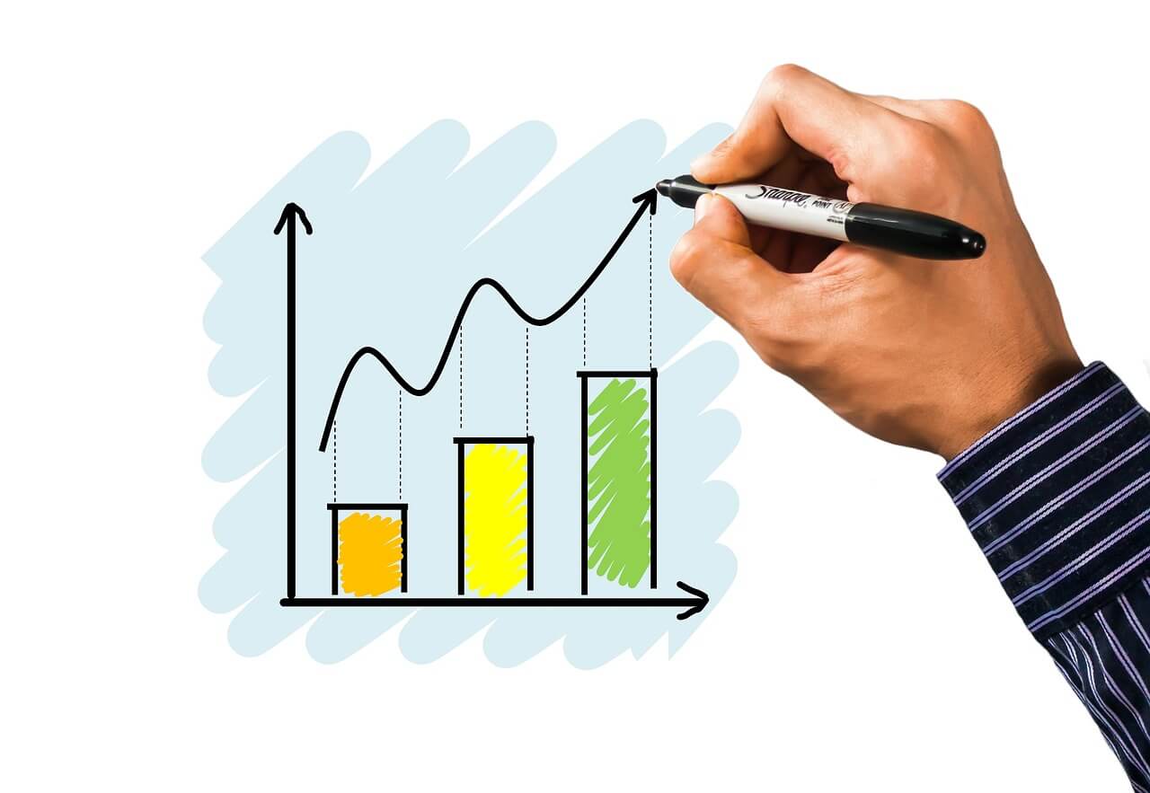 Illustration of a hand drawing a rising bar and line chart representing 10-year investment growth comparison between fixed deposit, CMA, and ETF.