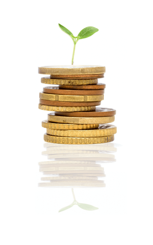 동전 위에 자라는 새싹으로 10년 ETF 장기 투자와 복리 성장 구조를 상징하는 이미지. Stacked coins with a sprouting plant representing 10-year ETF investment growth and the power of compounding over time.