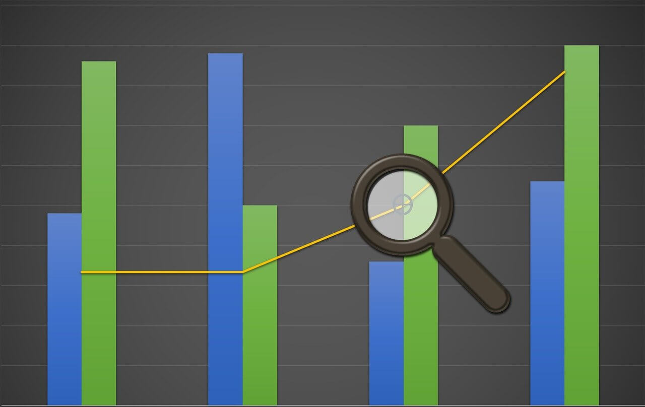 Portfolio rebalancing concept with bar chart, trend line, and magnifying glass analyzing asset performance