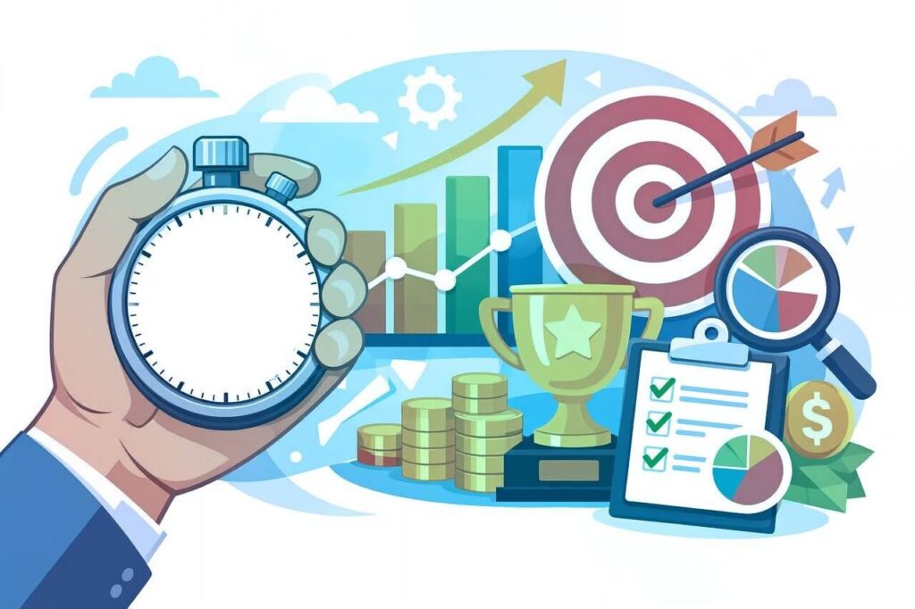 막대그래프와 추세선을 통해 자산 변동을 점검하는 포트폴리오 리밸런싱 개념 이미지. Portfolio rebalancing concept with bar chart, trend line, and magnifying glass analyzing asset performance