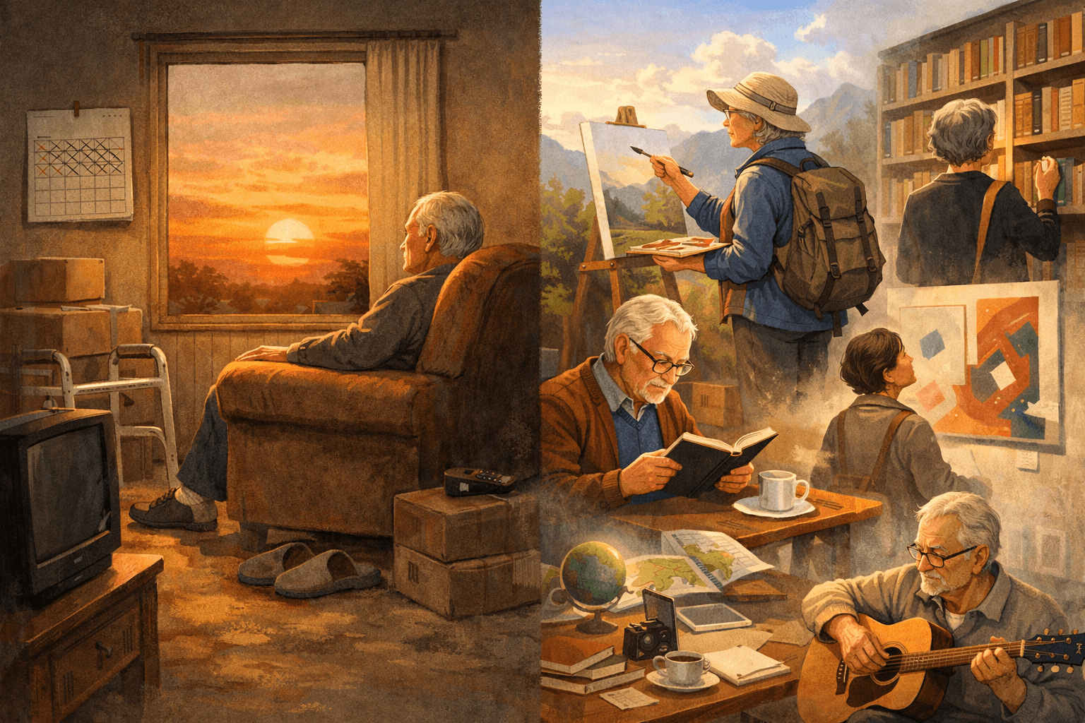 나이가 들어 멈춘 삶과 계속 배우고 확장하는 삶을 대비한 이미지.