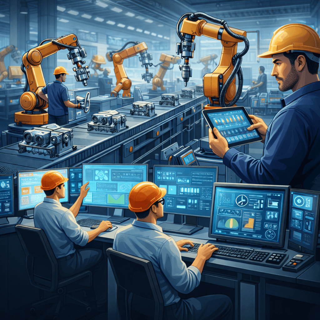  Illustration showing professionals and artificial intelligence technologies working together in the future workplace, representing how AI is transforming jobs, industries, and skills.