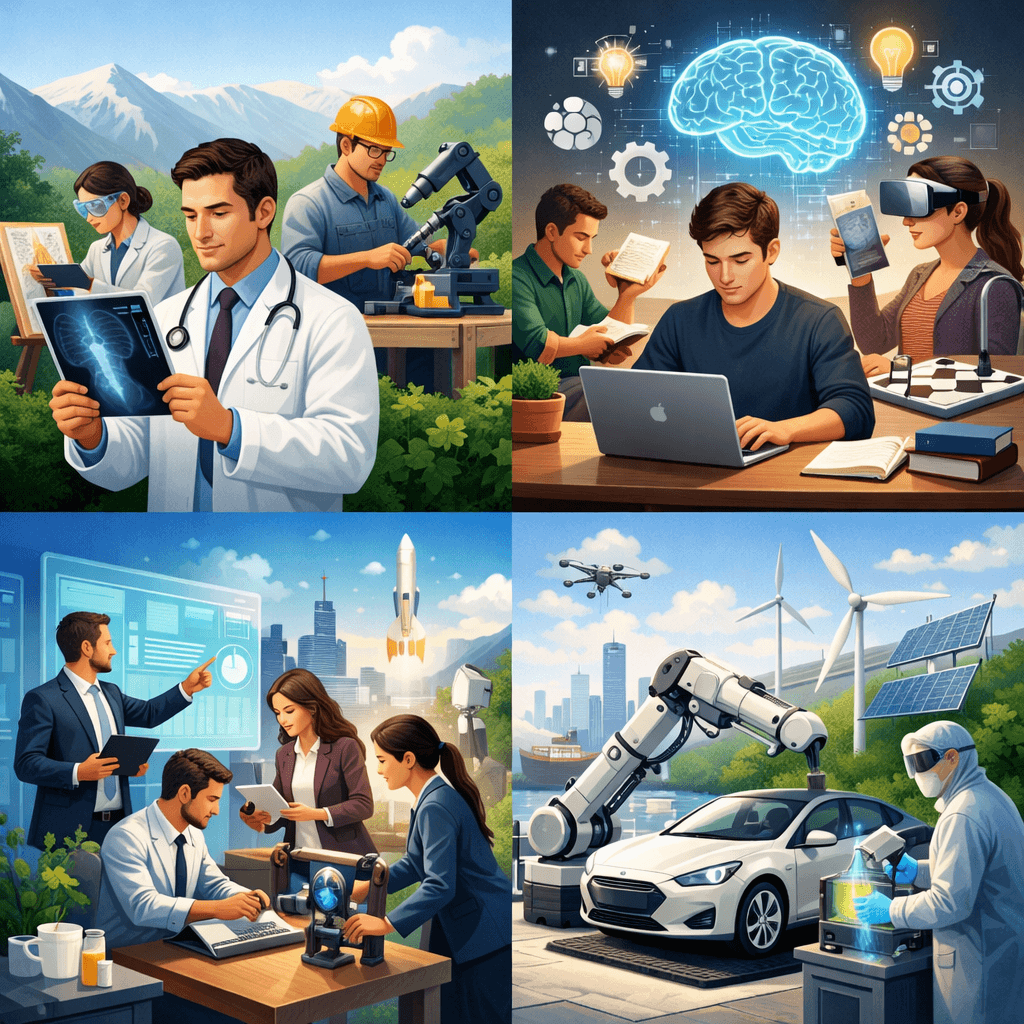 Illustration showing different professions and industries in the AI era, including healthcare, engineering, research, robotics, renewable energy, and technology-driven work environments.
