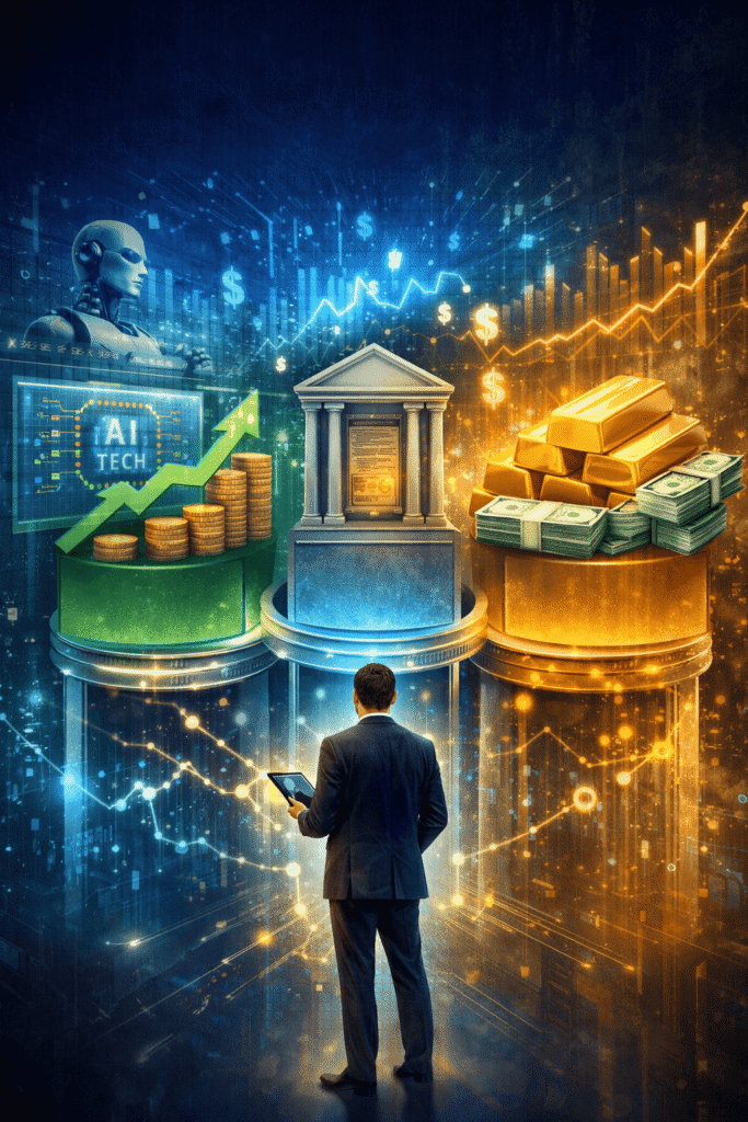 AI-driven portfolio diversification concept showing a balanced investment structure with stocks, bonds, and gold as growth, stability, and risk management assets in a futuristic financial environment.