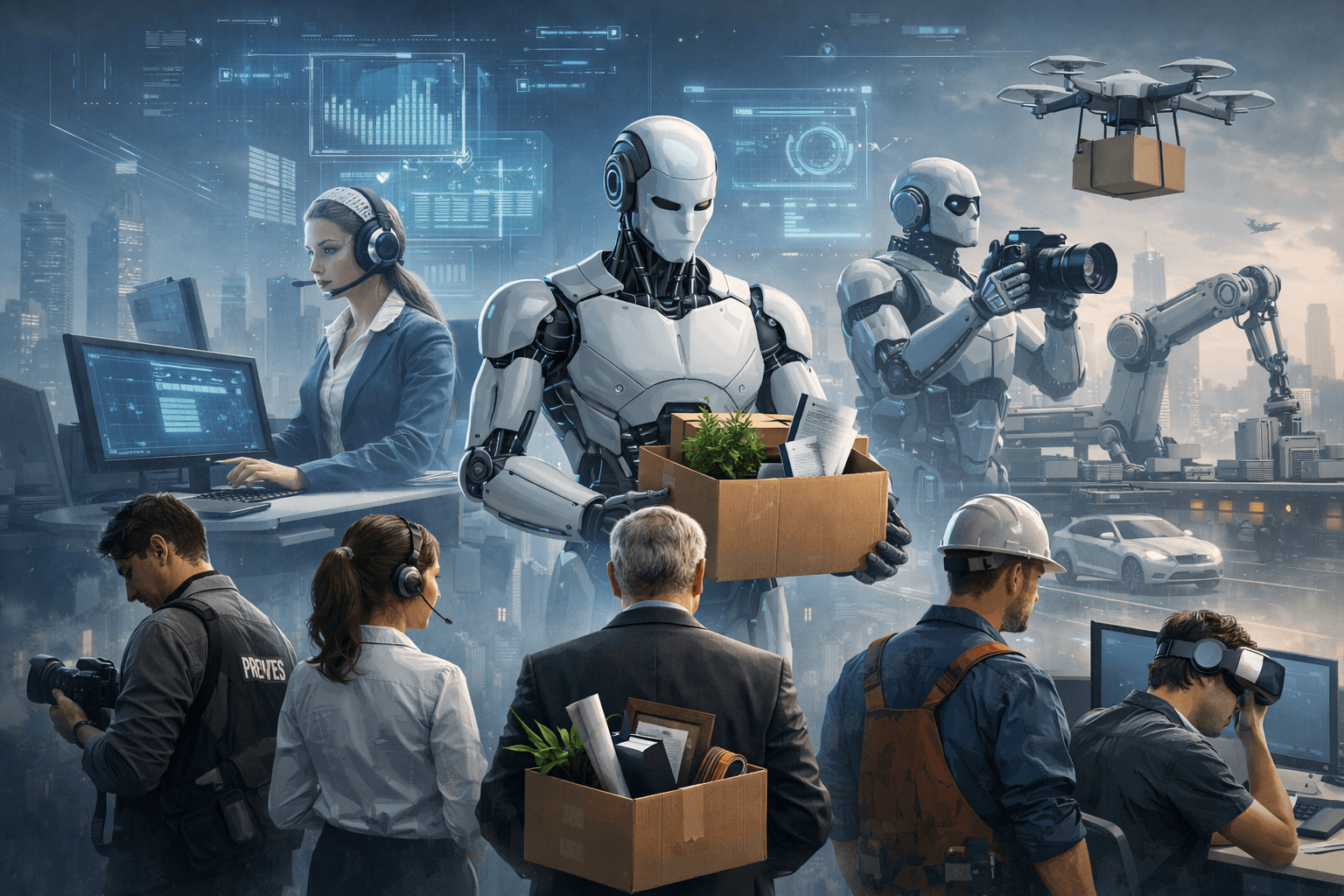 Concept image of artificial intelligence and robots replacing human jobs in the future workplace.