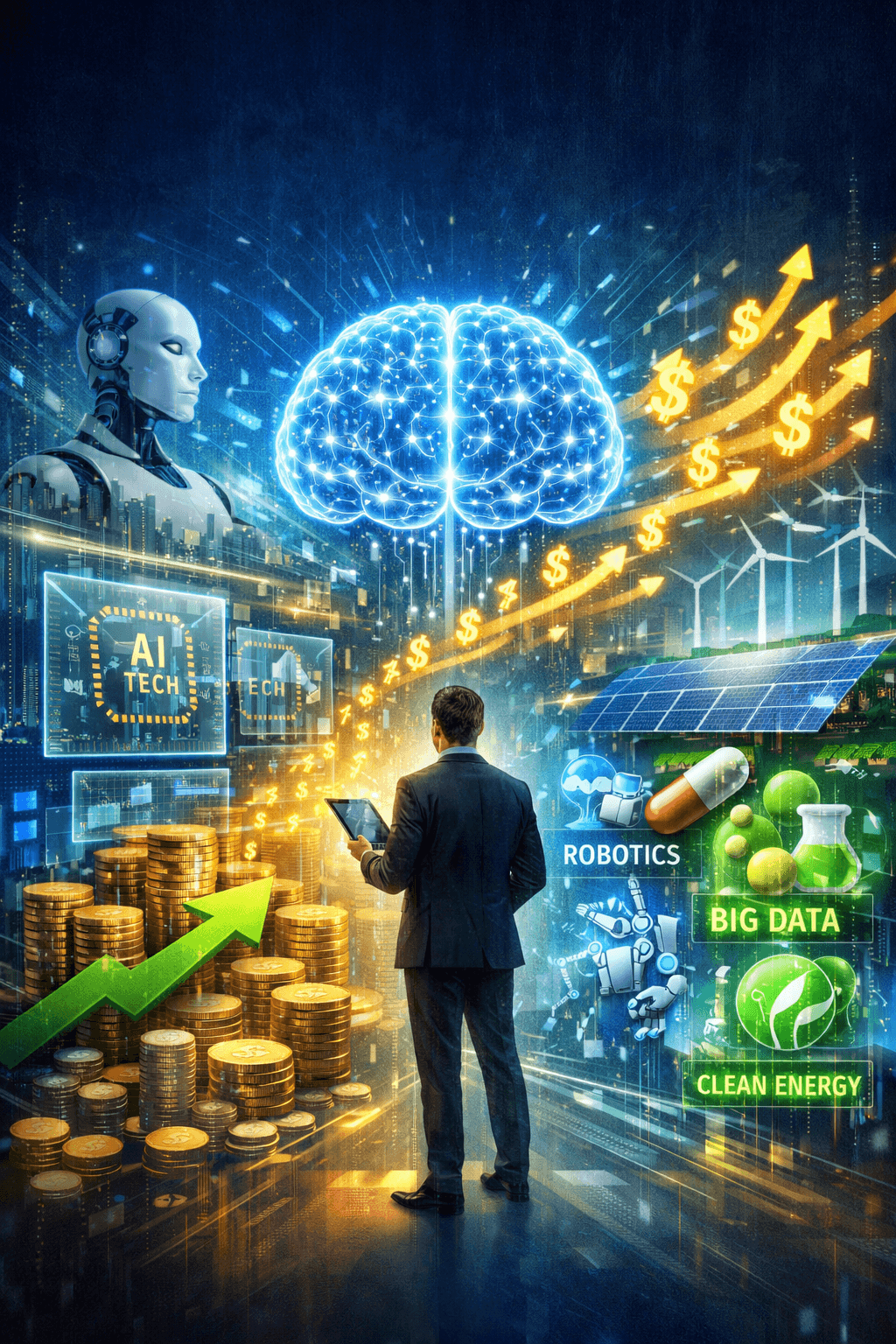 Futuristic AI investment strategy concept showing digital brain, financial growth arrows, and key sectors like robotics, big data, and clean energy in a modern portfolio allocation scene