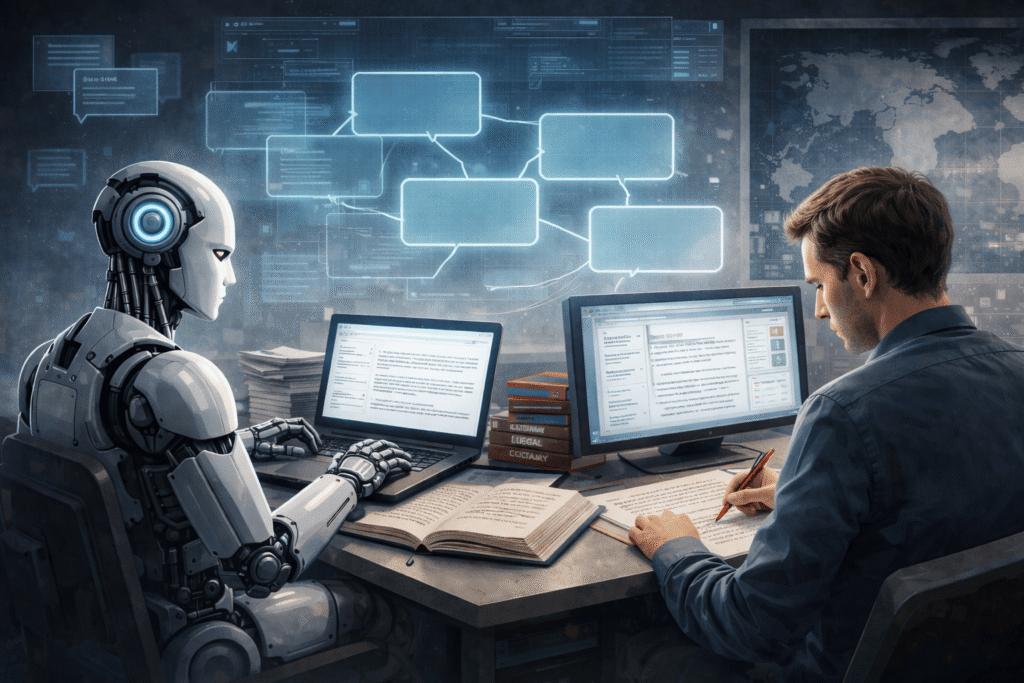 Concept illustration showing artificial intelligence assisting translation while a human translator works on documents.