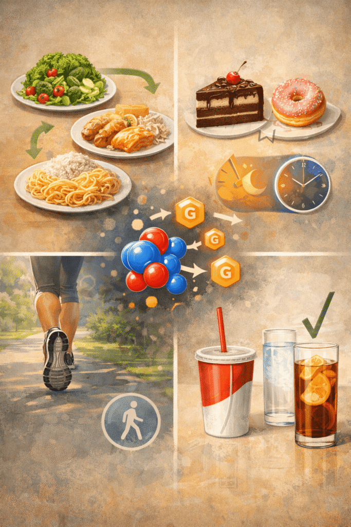 식사 순서, 당 섭취 조절, 식후 걷기, 음료 선택을 통해 혈당과 인슐린을 안정시키는 생활 습관 이미지.
