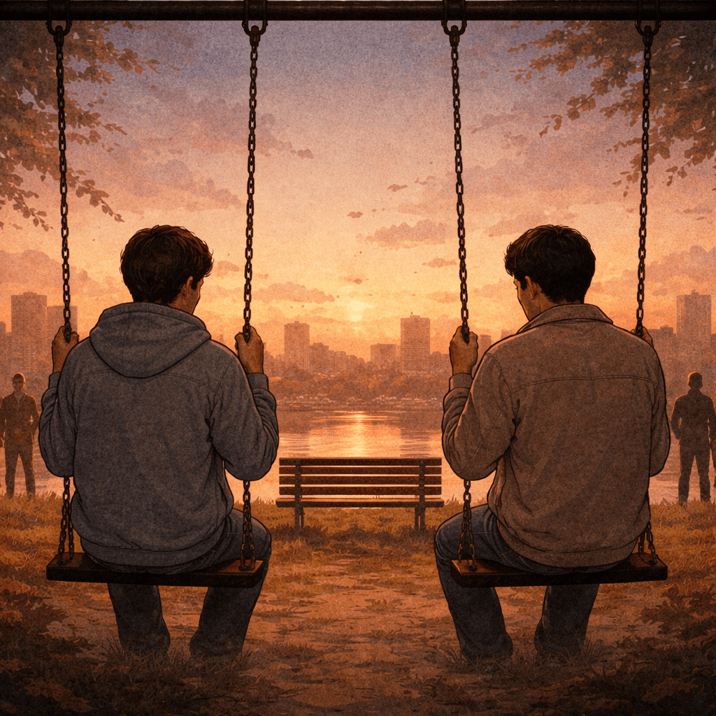 어릴 때부터 함께 자란 두 친구가 시간이 지나 서로 다른 방향을 바라보며 관계의 변화를 느끼는 모습.