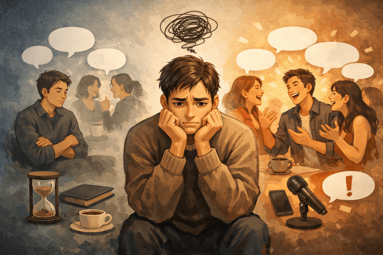 말을 많이 할 때와 적게 할 때 사이에서 고민하는 사람의 모습, 말의 양과 실수의 관계를 표현한 이미지