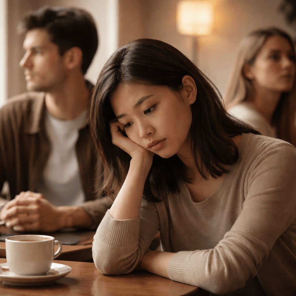 함께 있지만 감정적으로 거리감을 느끼며 지친 표정을 짓고 있는 사람의 모습.