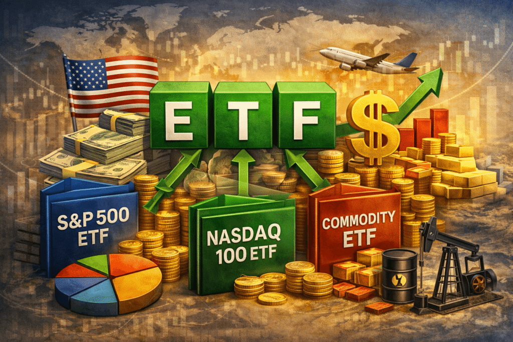달러 강세 시기에 S&P500, 나스닥100, 원자재 ETF로 분산 투자하는 전략을 보여주는 일러스트. Illustration of ETF investment strategy showing diversification across S&P 500, Nasdaq 100, and commodity ETFs during a strong US dollar period.
