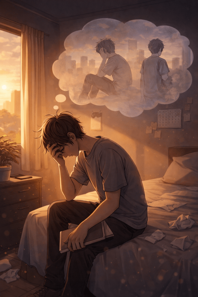 늦었다는 생각으로 고민하며 침대에 앉아 결정을 미루는 남성의 모습, 선택 지연과 후회를 상징하는 장면.