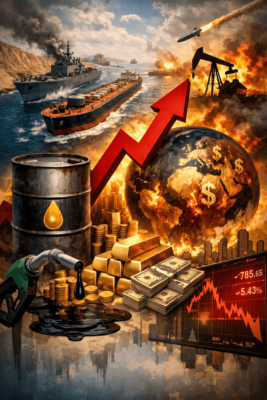 Global energy shock caused by war showing oil tanker conflict, rising oil prices, financial market crash, and global economic instability