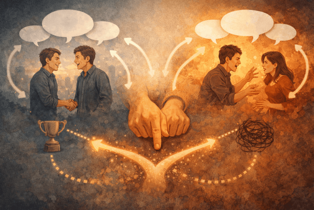 말의 방향에 따라 긍정적인 관계와 갈등 상황으로 나뉘는 장면을 통해 말이 결과를 만든다는 것을 보여주는 이미지.