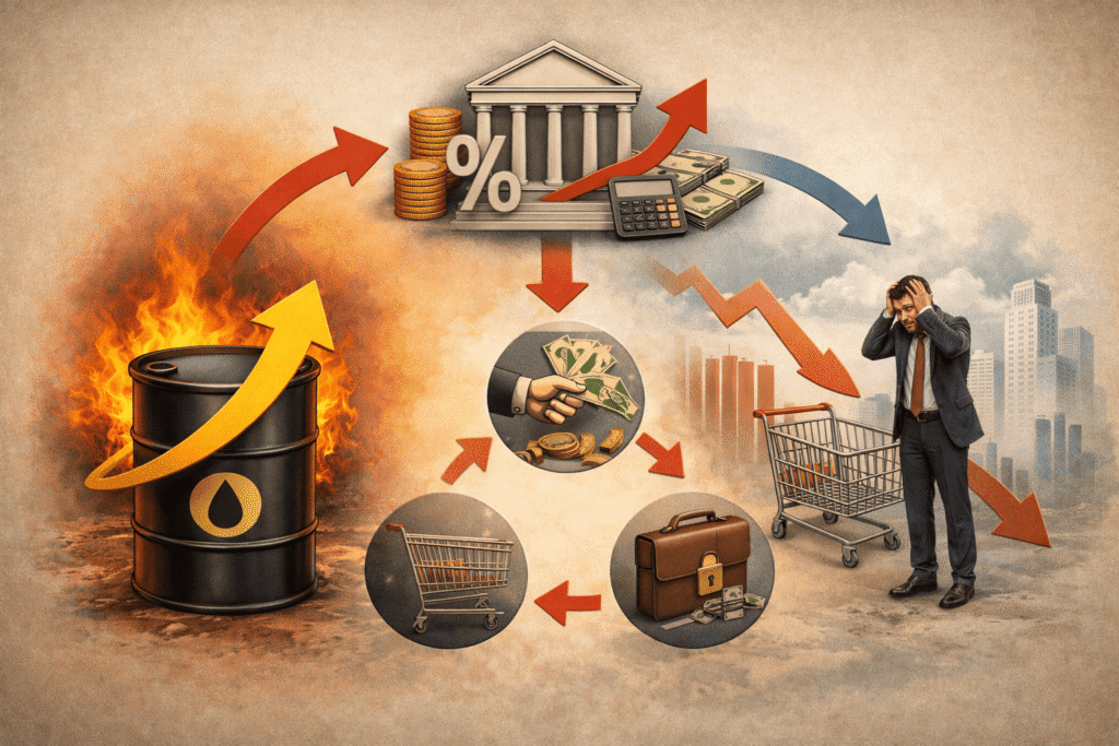 유가 상승으로 인한 물가 상승이 금리 인상으로 이어지고 소비 감소와 투자 위축, 경기 둔화로 연결되는 경제 구조를 보여주는 일러스트. Illustration showing how rising inflation leads to higher interest rates, reduced consumption, lower investment, and economic slowdown triggered by oil price increase.