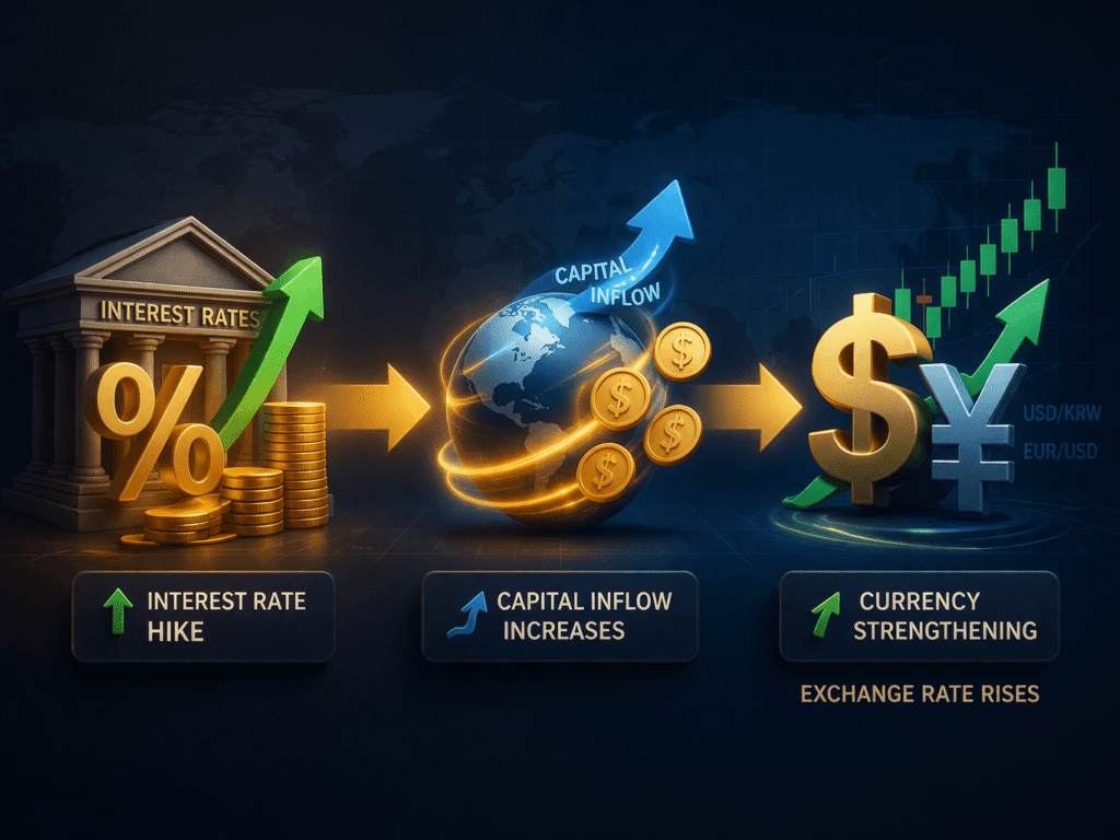 금리 상승이 자본 유입을 증가시키고 통화 강세와 환율 상승으로 이어지는 구조를 보여주는 인포그래픽. Illustration of the relationship between interest rate hikes, increased capital inflows, stronger currency value, and exchange rate changes in global markets.