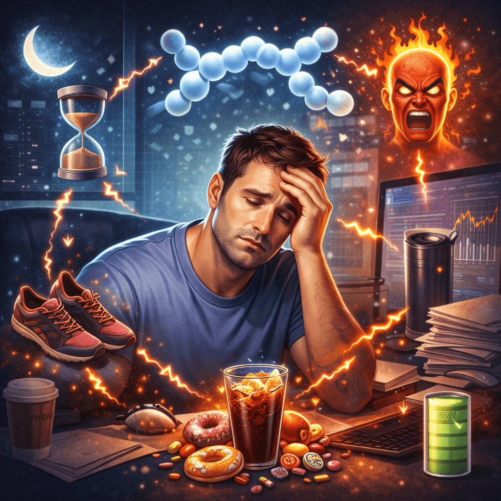 수면 부족, 스트레스, 운동 부족, 당 섭취 등 생활 습관이 성장호르몬 분비 감소에 영향을 주는 모습을 표현한 일러스트.