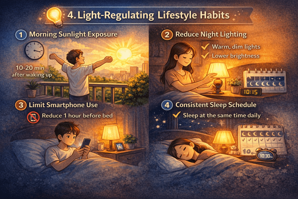 아침 햇빛 노출, 밤 조명 감소, 스마트폰 사용 제한, 일정한 수면 시간 유지 등 빛을 조절해 수면 리듬을 회복하는 생활 습관을 표현한 일러스트.