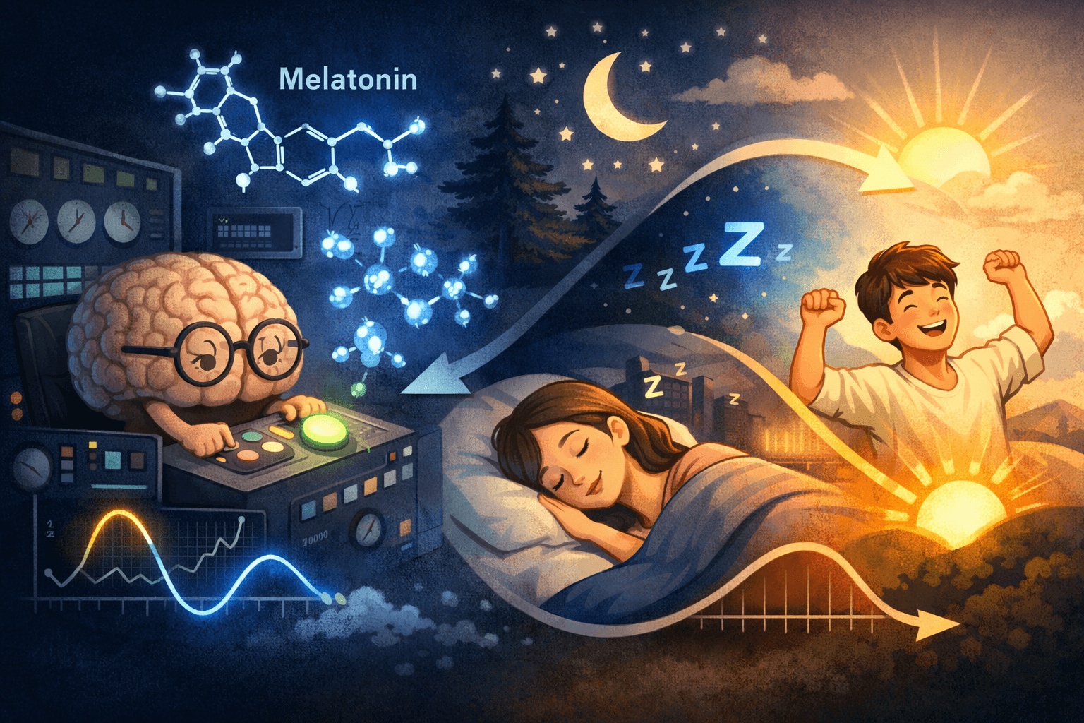 밤과 낮의 변화에 따라 멜라토닌이 분비되며 사람이 잠들고 깨어나는 수면 리듬을 표현한 일러스트.