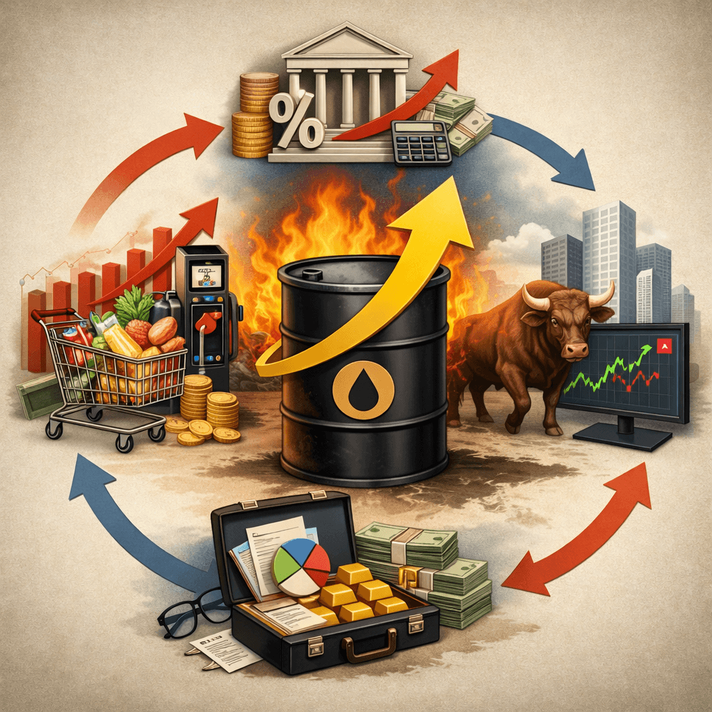 Illustration showing how rising oil prices impact inflation, interest rates, stock market, and investment portfolio through interconnected economic effects.