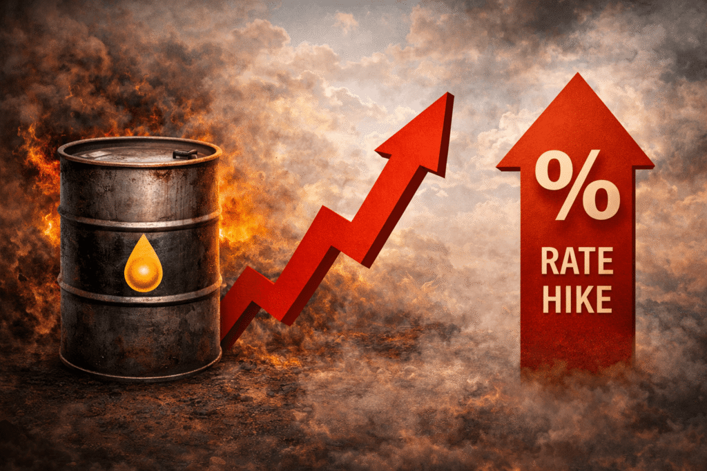 유가 상승이 인플레이션과 금리 상승 압력으로 이어지는 구조를 보여주는 이미지. Rising oil prices leading to inflation pressure and higher interest rates, shown with an oil barrel and upward arrow symbol.