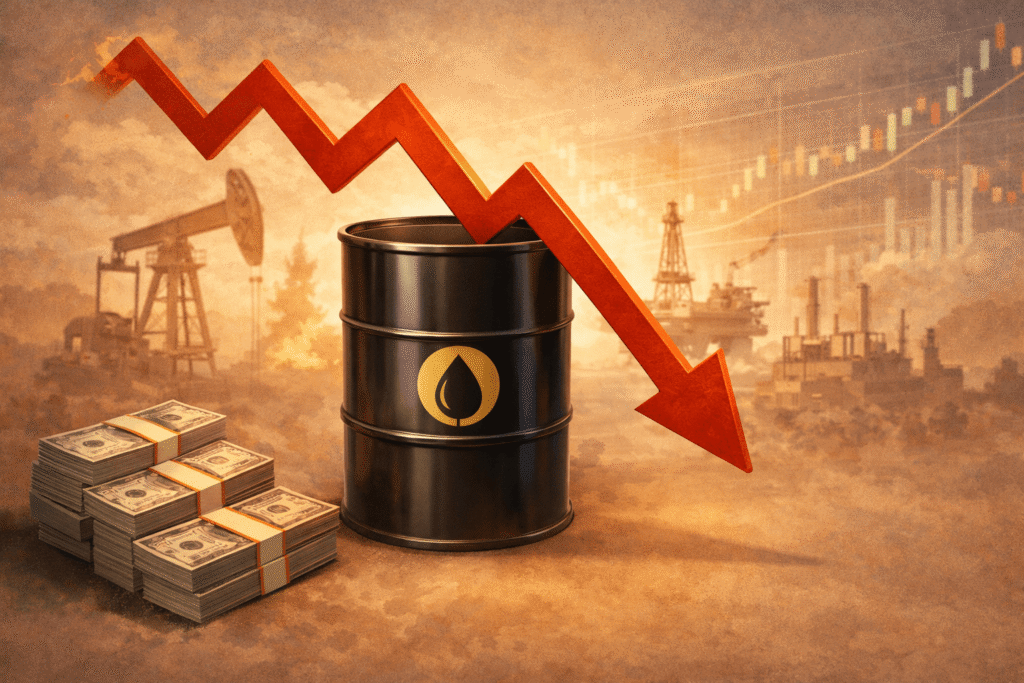 유가 변동성과 투자 타이밍을 표현한 이미지로, 원유 배럴과 하락 화살표, 에너지 인프라가 포함된 일러스트. Illustration of oil price volatility with an oil barrel, downward arrow, and energy infrastructure, representing uncertain timing for energy ETF investment.