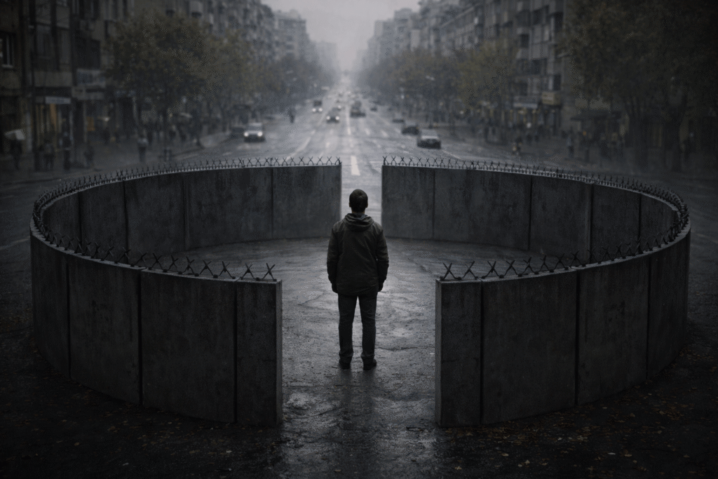 미움과 원망이 삶의 선택과 동선을 좁히는 모습을 상징적으로 표현한 이미지