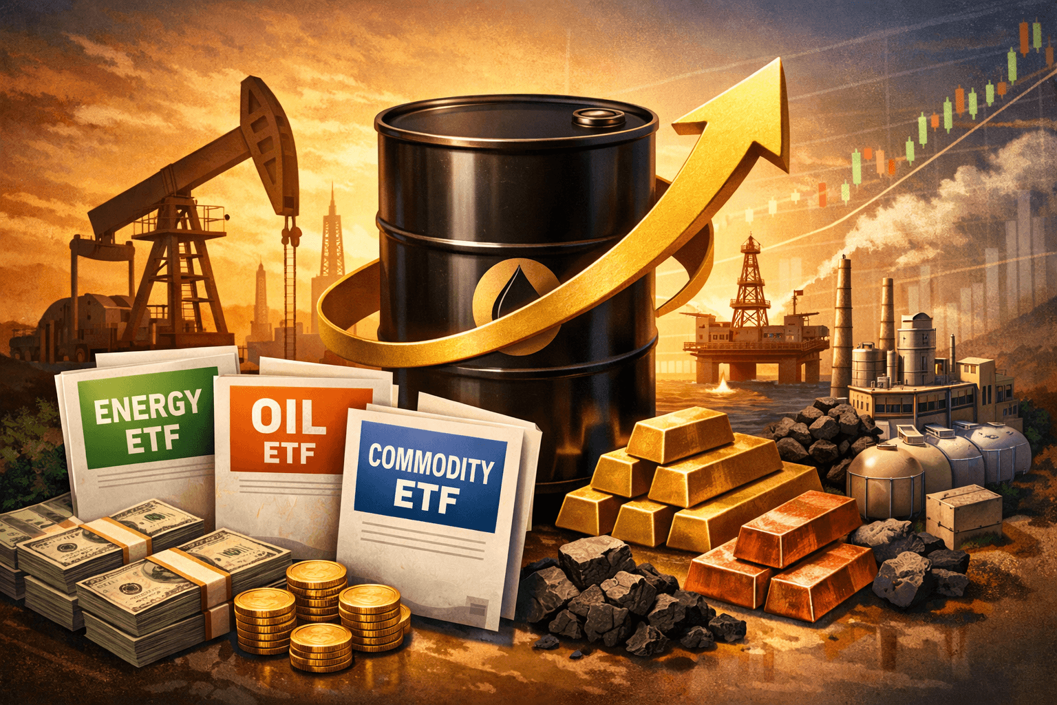 Illustration of rising oil prices with oil barrel, energy infrastructure, and commodities like gold, symbolizing energy and commodity ETF investment trends.