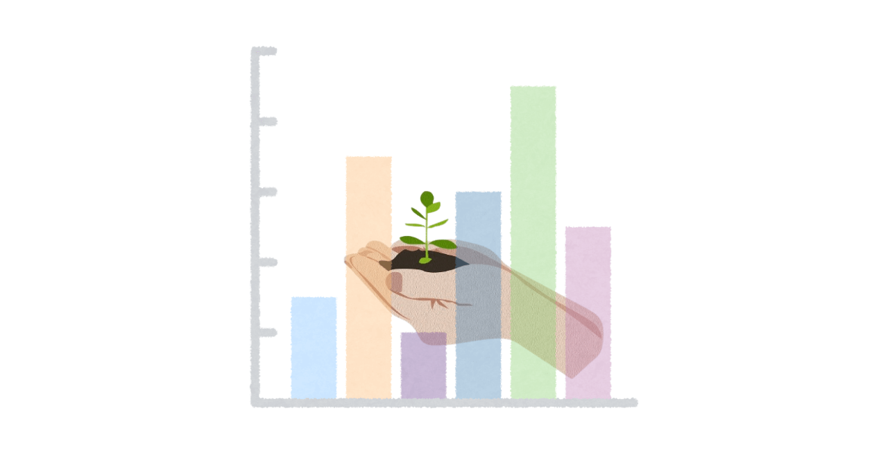 Seed money represented by a young plant in hand with expanding bar charts behind it, illustrating asset structure growth and financial turning point.