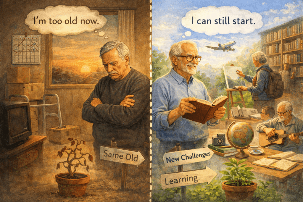 자신을 늦었다고 여기는 모습과 아직 시작할 수 있다고 믿는 모습의 대비 이미지.