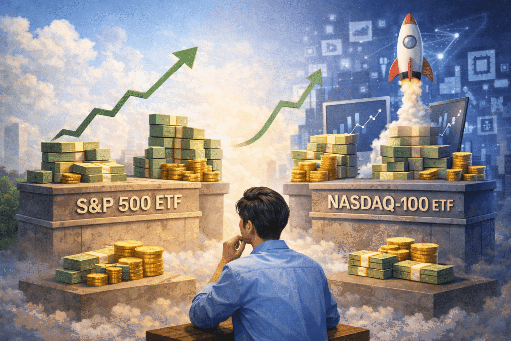 S&P500과 나스닥100 투자 성장을 비교하는 이미지로, 안정적인 상승과 기술 중심의 높은 성장 가능성을 시각적으로 표현한 장면. Visual comparison of S&P 500 and NASDAQ 100 investment growth, illustrating steady market returns versus higher tech-driven growth potential.