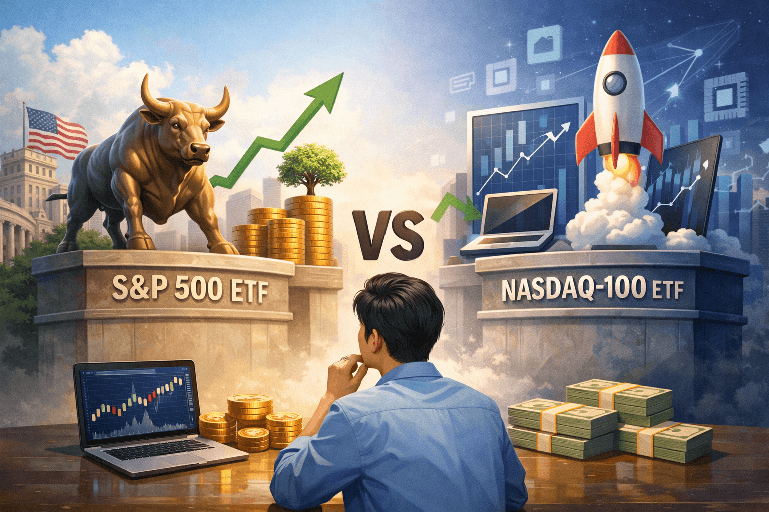 omparison of S&P 500 and NASDAQ 100 ETFs with symbols of traditional market growth and technology-driven expansion, representing long-term investment strategy.