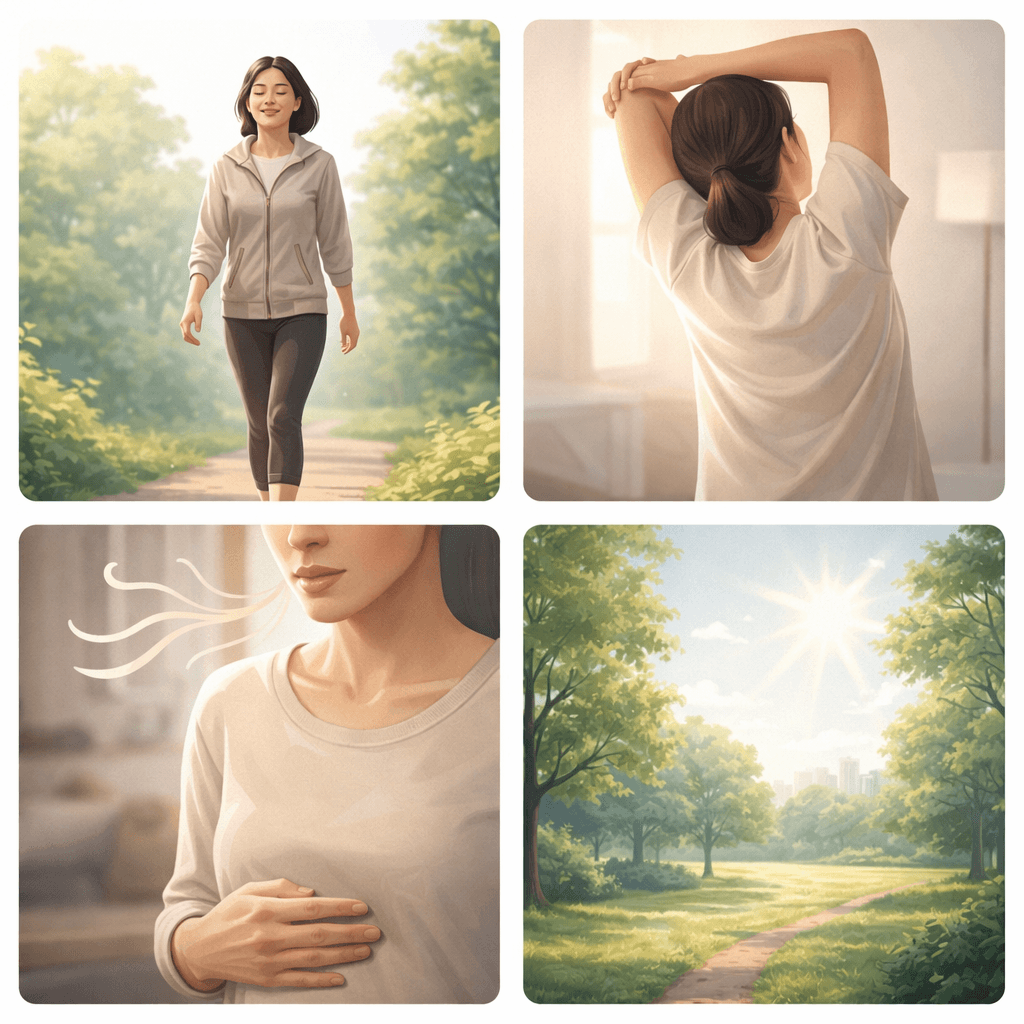 걷기, 스트레칭, 호흡, 자연 환경 노출을 통해 몸의 긴장을 완화하는 스트레스 관리 장면.