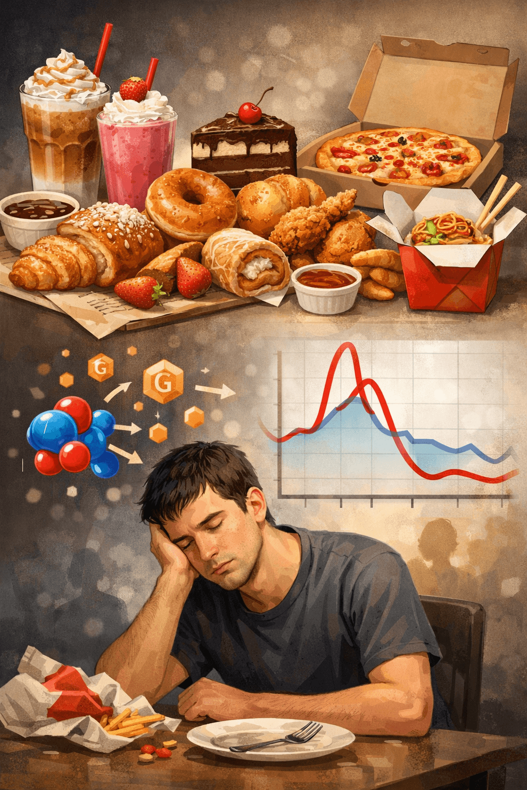 당이 많은 디저트와 배달 음식을 섭취한 후 혈당과 인슐린 변화로 피로를 느끼는 모습.