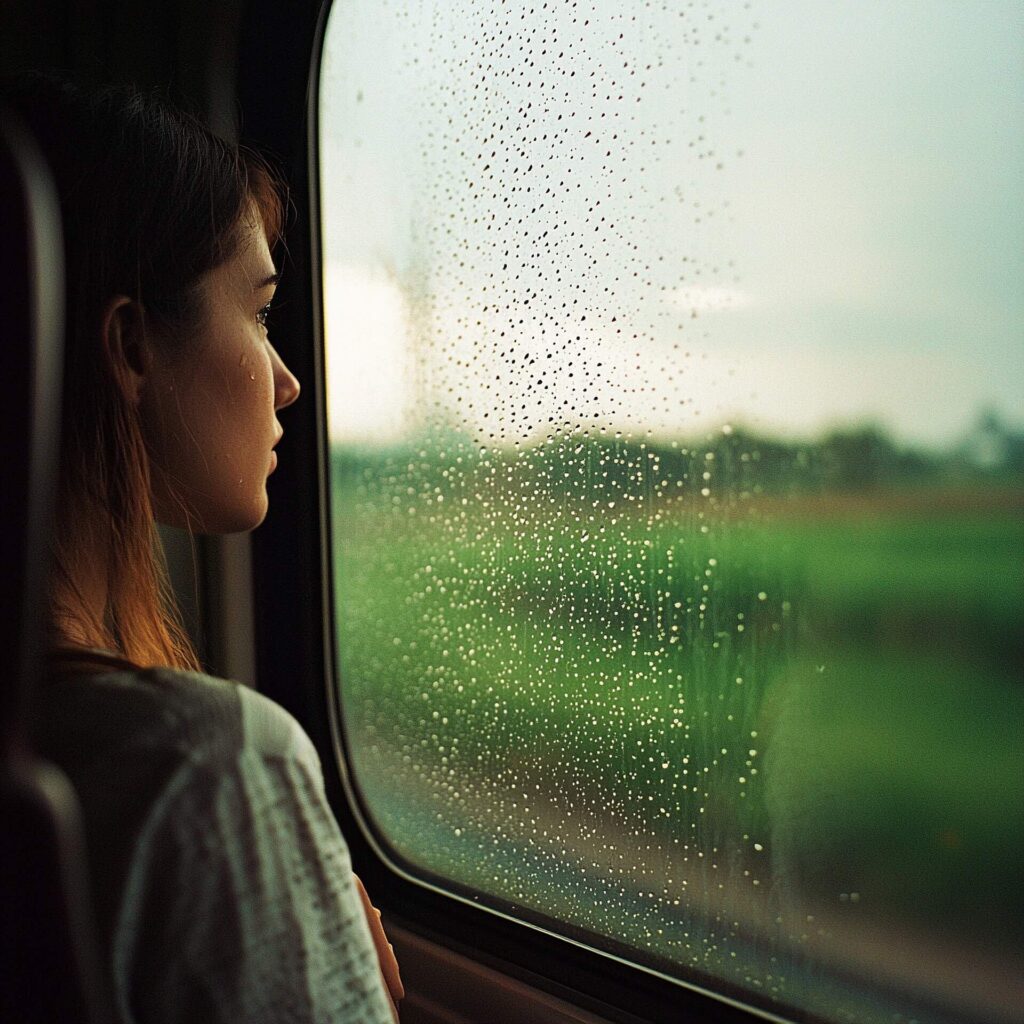 기차 창밖 풍경을 바라보며 생각에 잠긴 여행자, 낯선 환경에서 자신을 돌아보는 여행의 순간