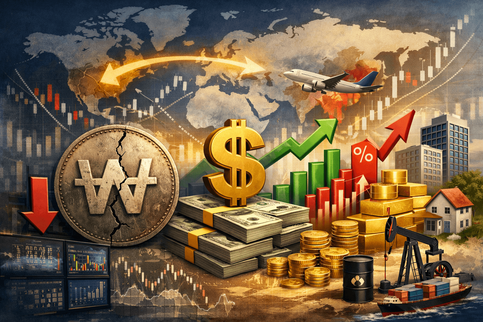 Illustration showing South Korean won weakening against US dollar, with rising dollar assets, global capital flow, and investment opportunities during currency shifts.