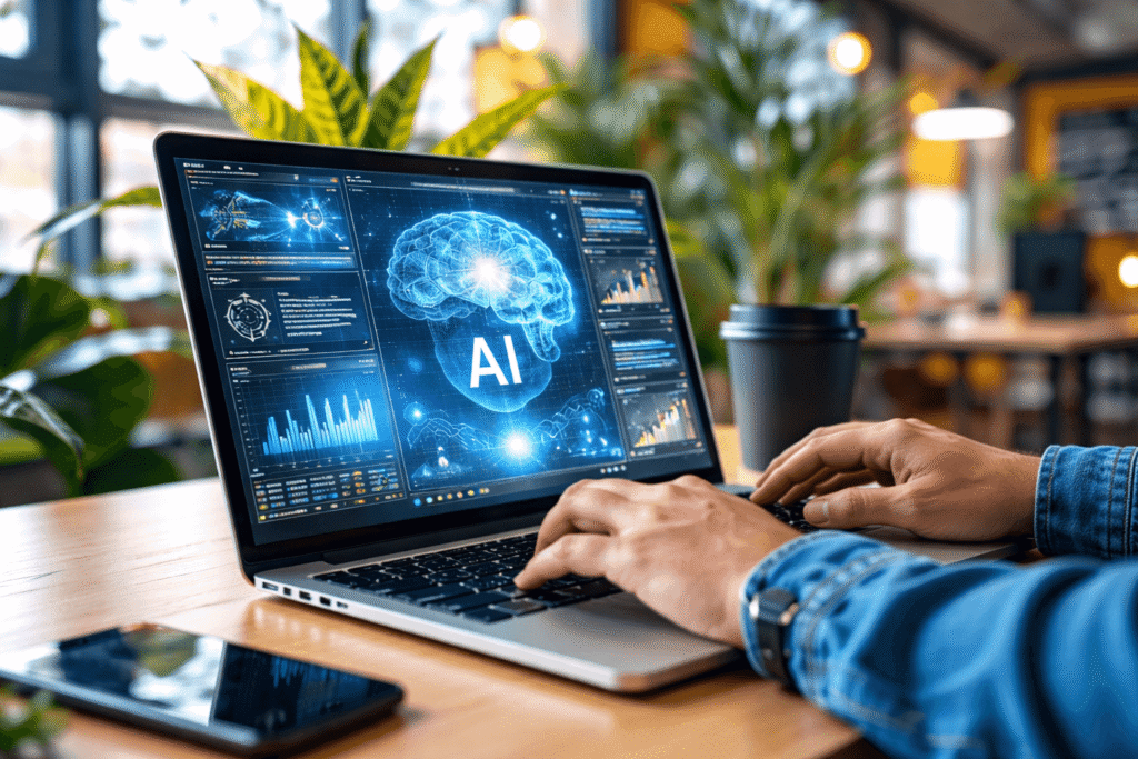 Person using AI tools on a laptop for data analysis, content creation, and workflow automation.