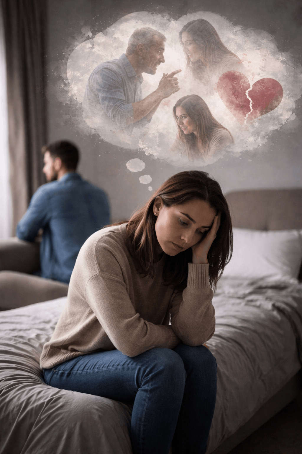 과거의 상처와 갈등을 떠올리며 혼자 생각에 잠긴 사람의 모습, 용서를 하지 못하는 감정과 오래 남는 미움을 상징하는 이미지