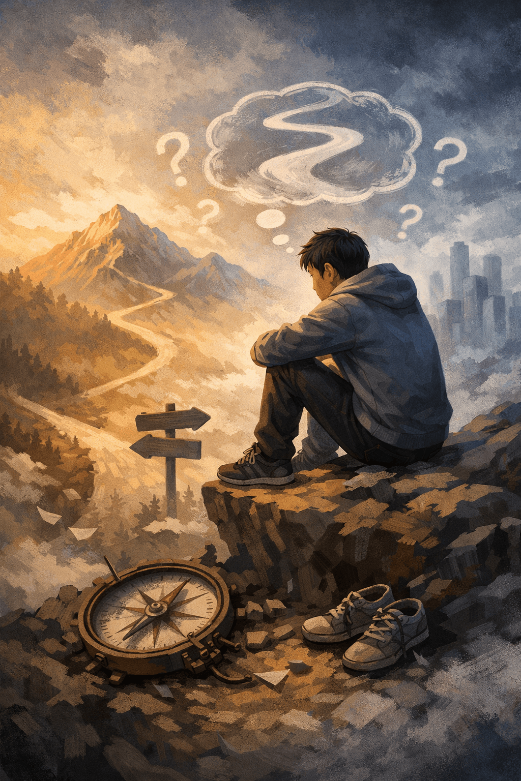 절벽 끝에 앉아 갈림길과 먼 풍경을 바라보며 자신의 방향을 고민하는 인물의 감정적 일러스트.