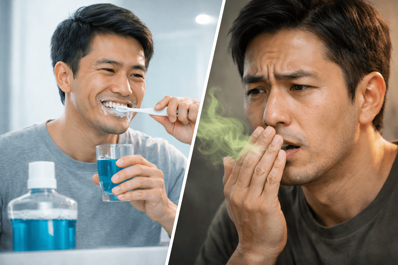 양치를 하고 있음에도 입냄새가 계속 나는 상황을 보여주는 이미지.