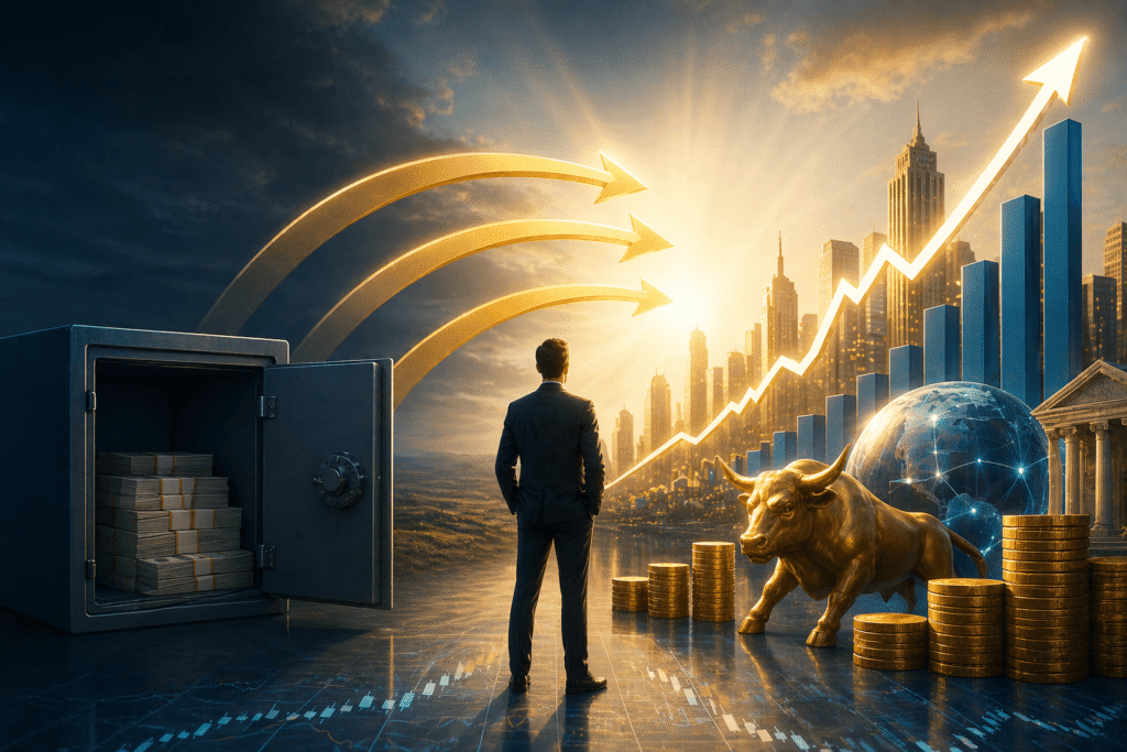 유동성 증가로 상승하는 시장에서 투자 기회를 바라보는 투자자와 상승하는 그래프와 금융 자산을 표현한 이미지. 