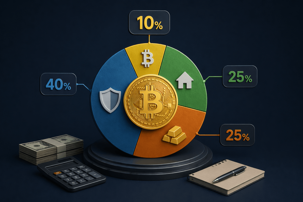 비트코인 투자 비중을 퍼센트로 나눈 포트폴리오 구성과 리스크 수준을 보여주는 3D 일러스트 이미지. 3D illustration of Bitcoin allocation with percentage breakdown showing portfolio strategy and risk levels across different asset classes.
