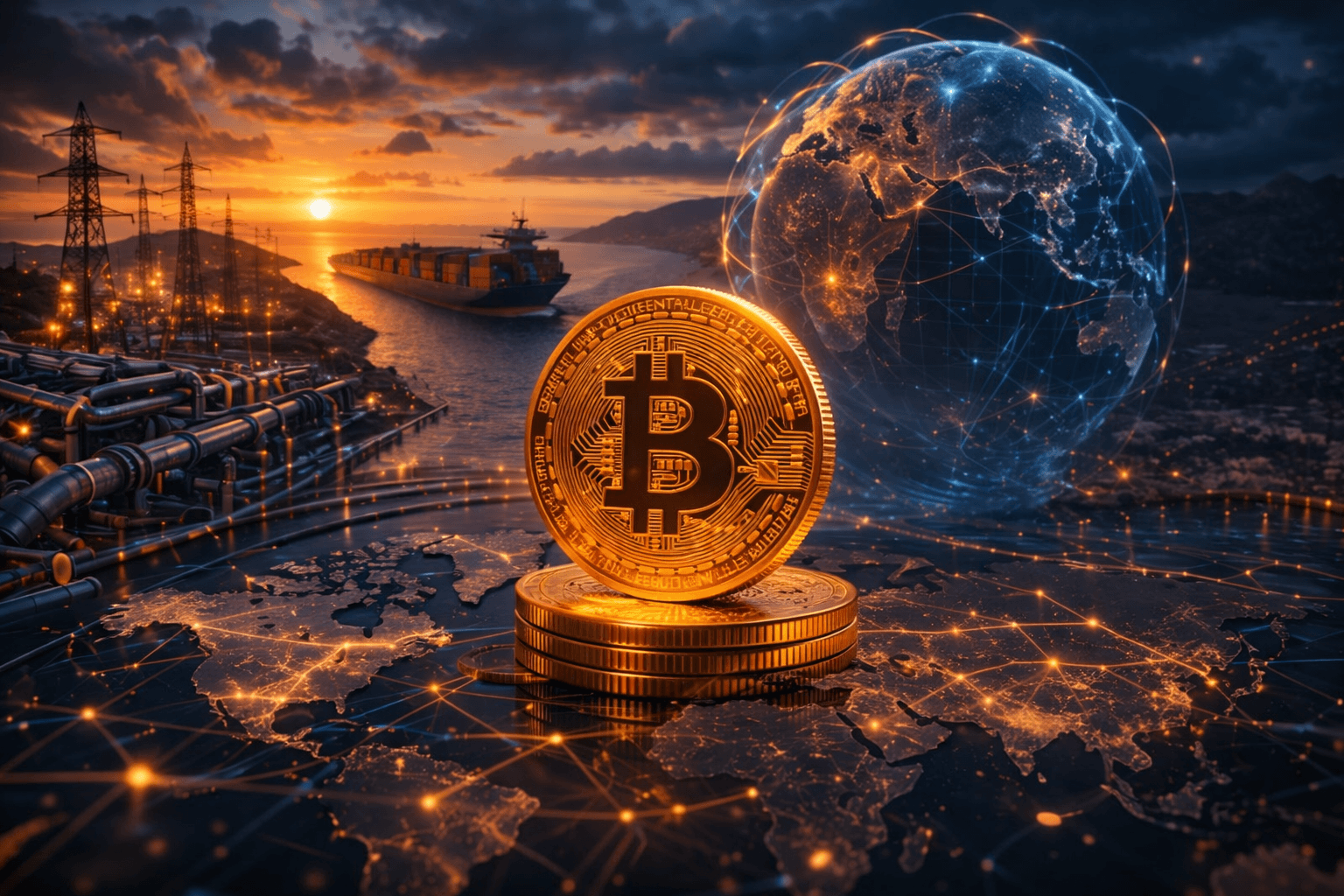 Bitcoin as a decentralized digital asset highlighted during geopolitical tension and energy trade disruptions in global shipping routes.