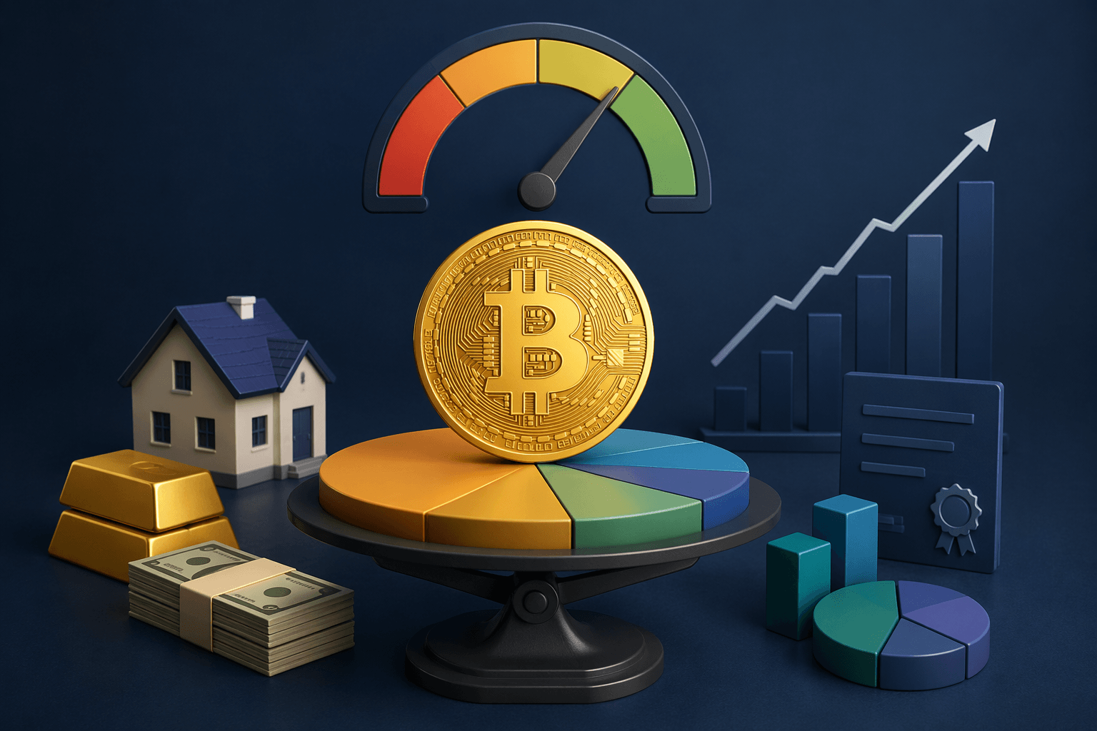 3D illustration of Bitcoin on a portfolio allocation chart with assets like gold, real estate, and cash, representing risk management and crypto investment strategy.