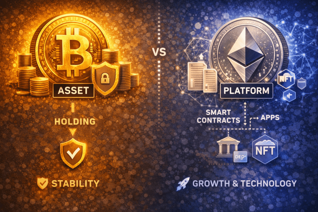 비트코인과 이더리움의 차이를 자산과 플랫폼 구조로 비교한 이미지, 비트코인은 저장과 안정성, 이더리움은 스마트 계약과 다양한 활용을 보여주는 구조. Comparison of Bitcoin and Ethereum showing asset vs platform structure, with Bitcoin representing storage and stability, and Ethereum representing smart contracts, applications, and technological growth.