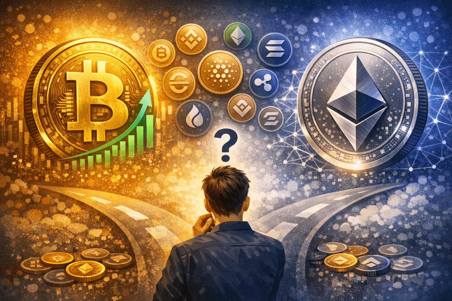 A beginner comparing Bitcoin and Ethereum with multiple altcoins, visualizing the differences and decision-making process in cryptocurrency investment.