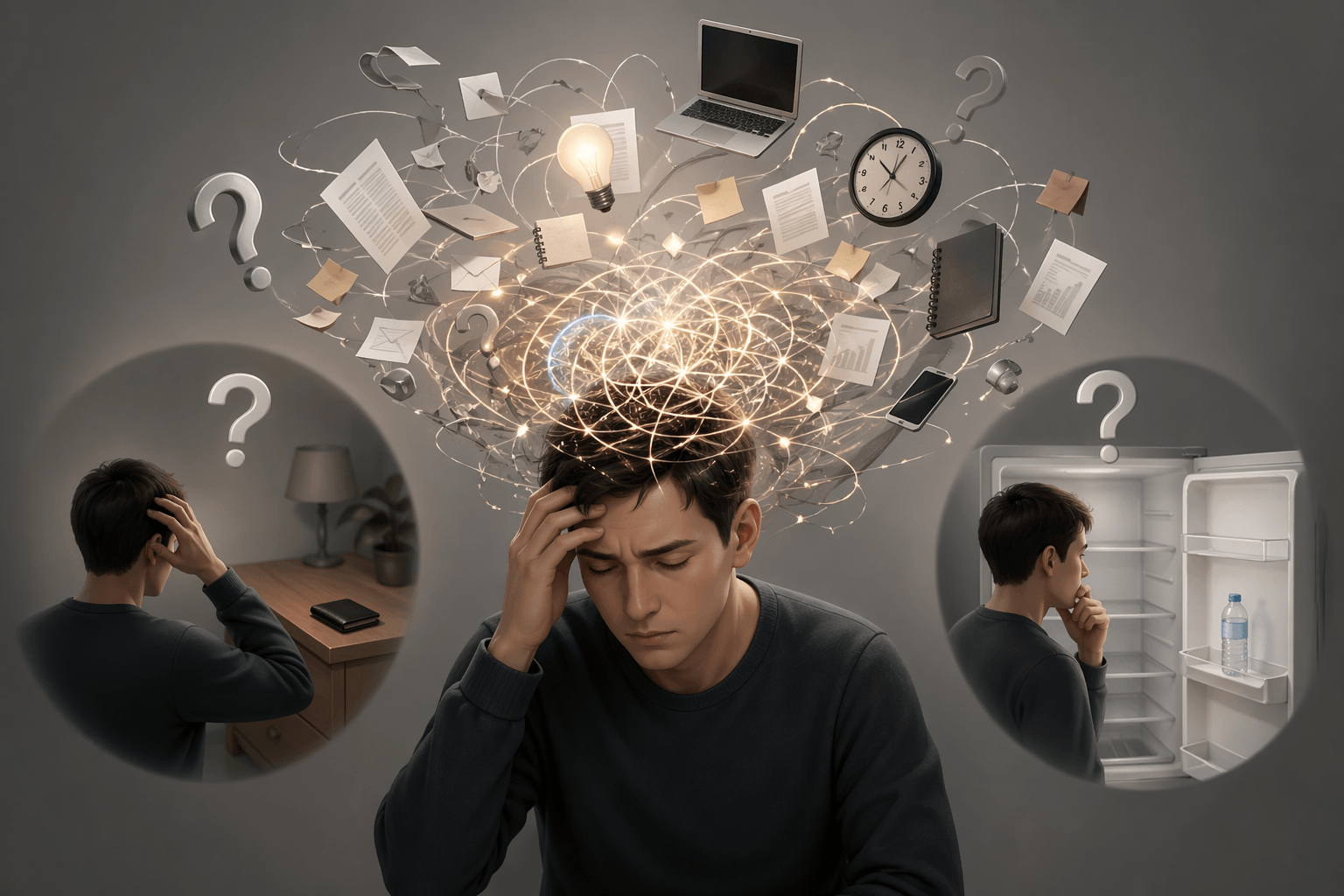 정보 과부하로 인해 기억이 흐려지고 혼란을 느끼는 사람의 모습과 머릿속에 복잡하게 얽힌 생각들을 표현한 일러스트.